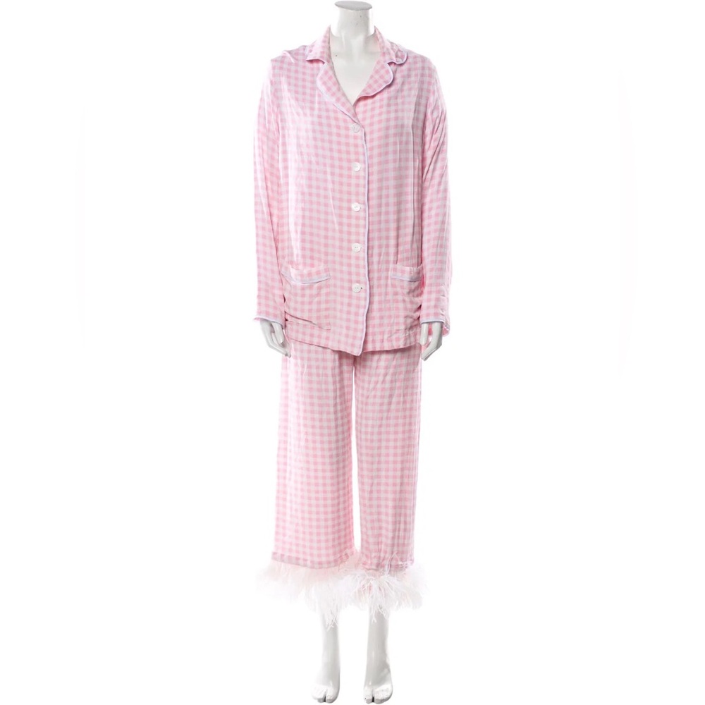 NWOT Sleeper Pink Gingham Feather Cuff Long Sleeve Pajama Set Size L